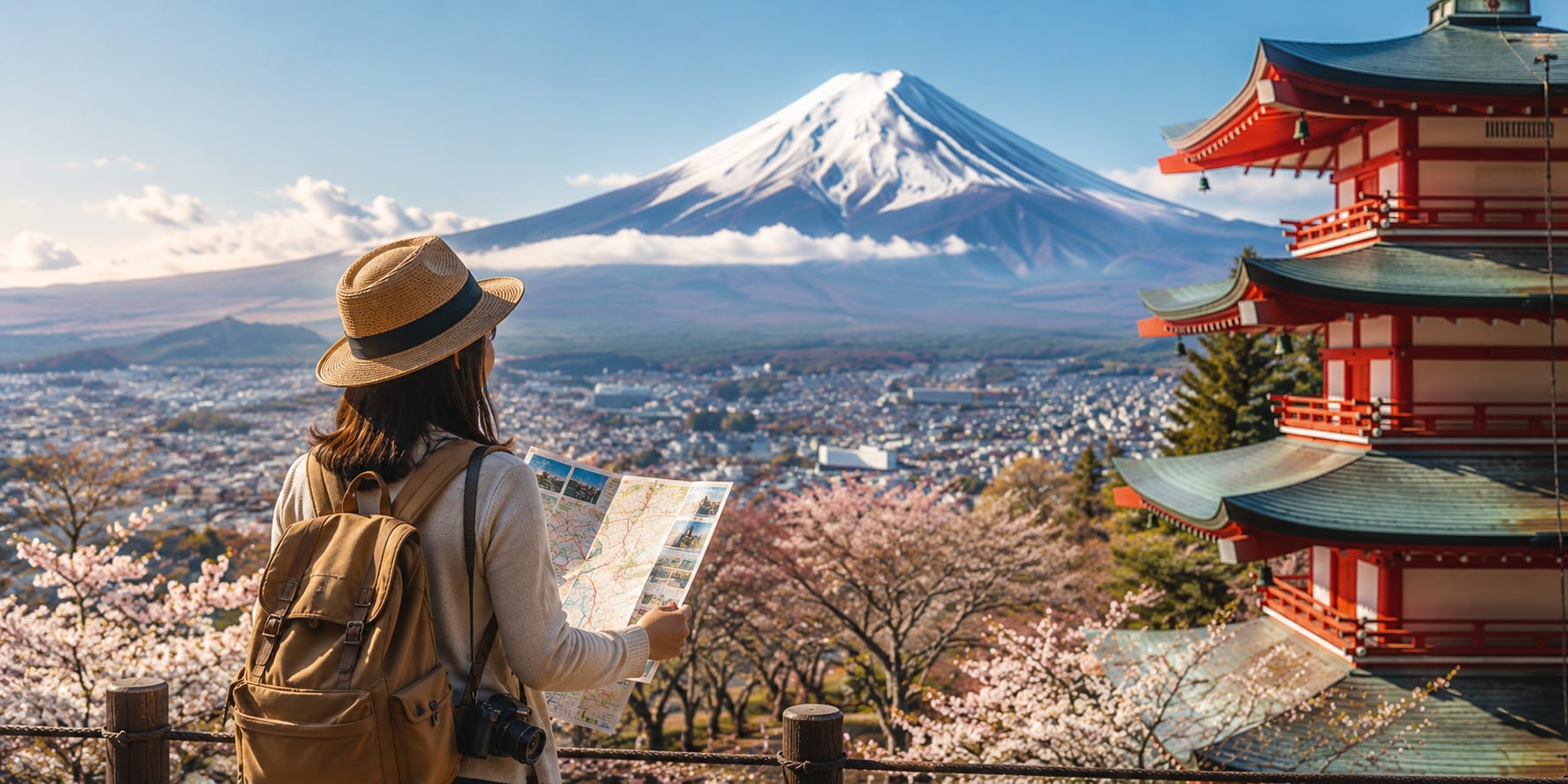 Traveler with a backpack and map looking out at Mount Fuji and a red pagoda surrounded by cherry blossoms